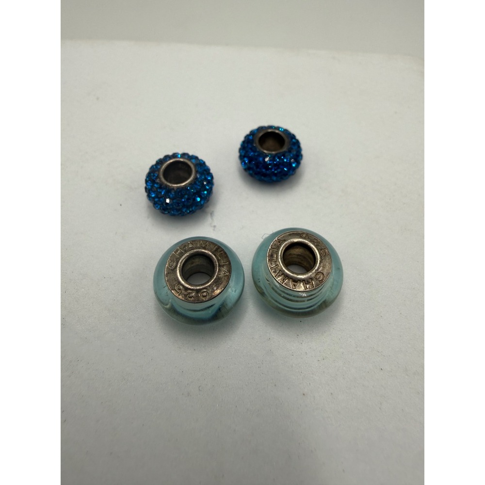 Chamilia 925 Sterling Silver Blue Glass and Pave Crystal Charm Bead Lot 4pc